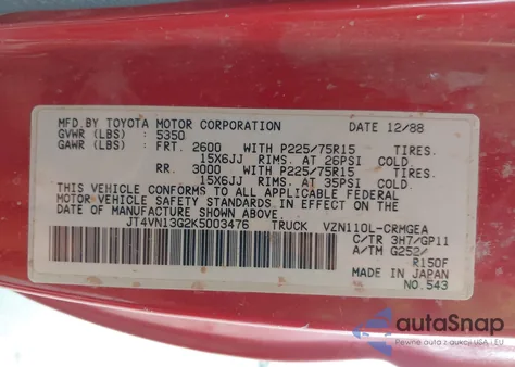 1989 Toyota Pickup 1/2 Ton Ex Long Whlbs Sr5 from USA, damaged, VIN JT4VN13G2K5003476